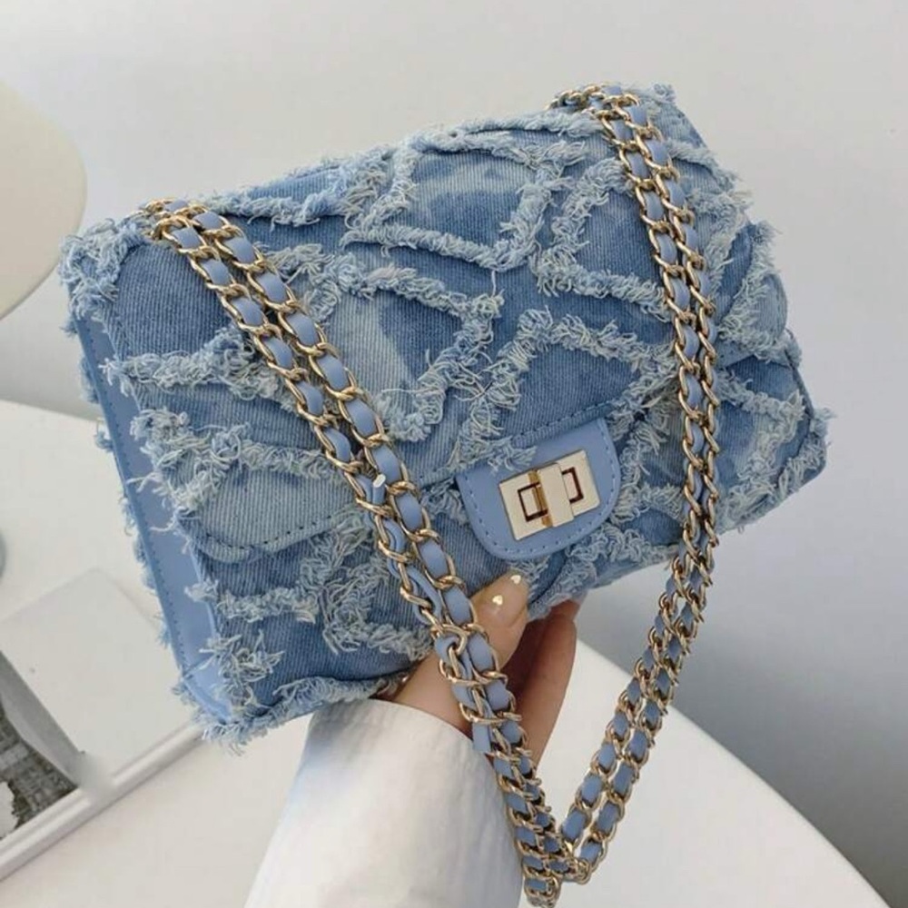 Blue Diagonal Distressed Denim Chain Classic Flap Crossbody Handbag NEW